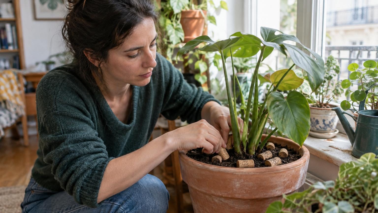 Bouchons de liège naturel découpés en rondelles et en petits morceaux, disposés en fine couche autour d'une plante en pot avec soin.