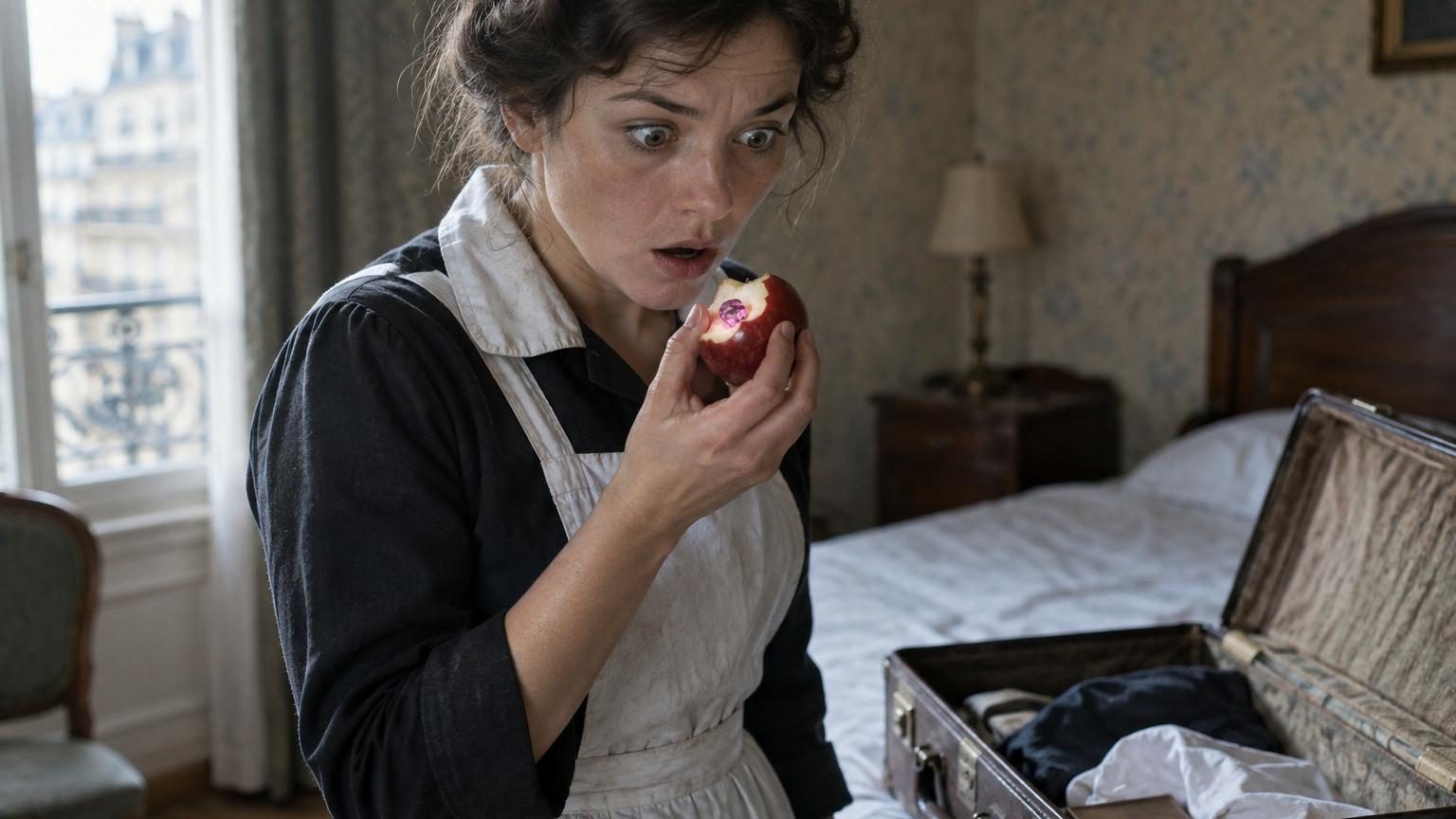 Une femme de chambre découvre un diamant rose brillant à l'intérieur d'une pomme mordue, avec le château de Chantilly en arrière-plan, symbole du vol résolu par hasard en 1926.