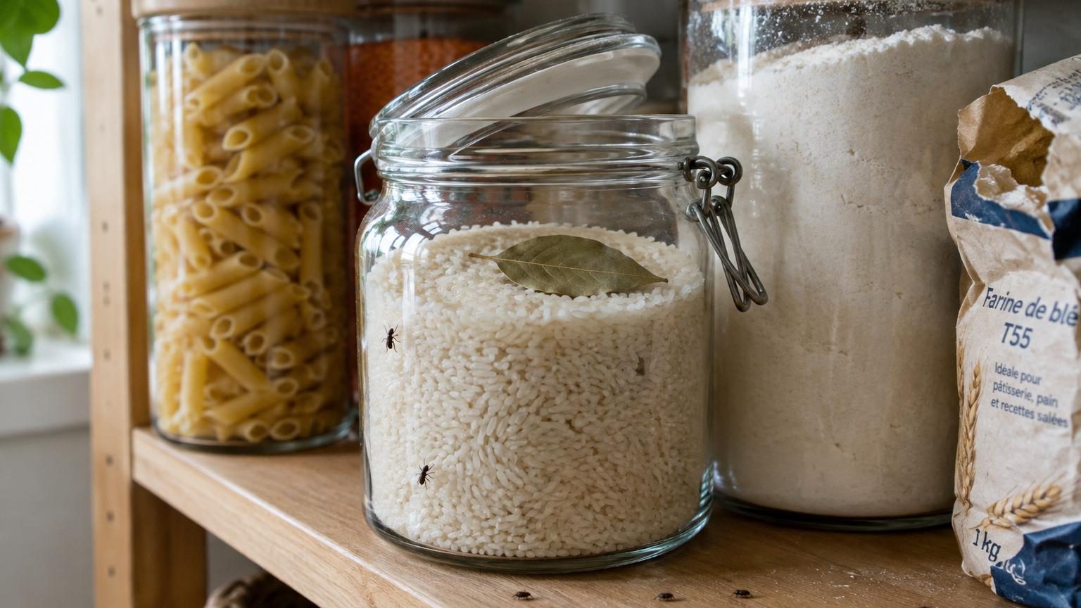 Bocal en verre transparent rempli de riz blanc avec une feuille de laurier verte posée sur la surface des grains