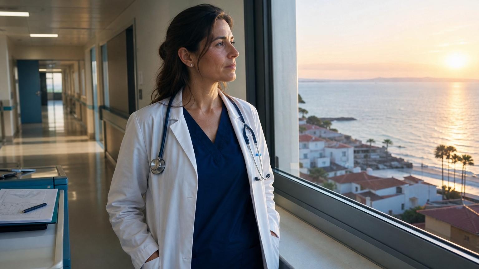 Une femme médecin en blouse blanche debout près d'une fenêtre donnant sur la mer Méditerranée, symbolisant une expatriation médicale réussie en zone côtière espagnole.