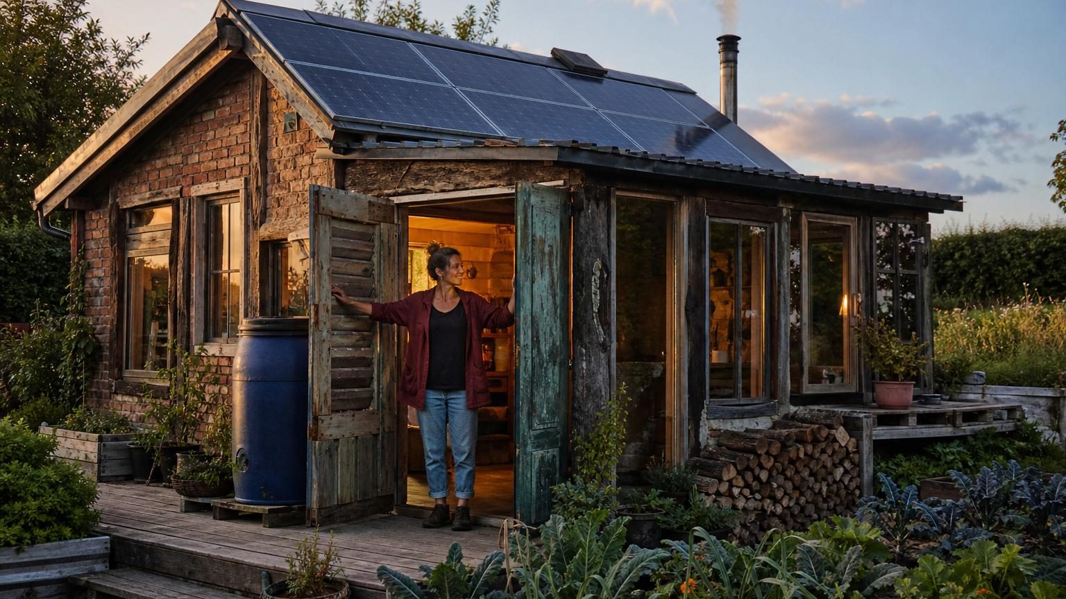Femme face à sa petite maison aux volets ouverts, construite avec des fenêtres anciennes et des matériaux de récupération dans un jardin bordé de haies.