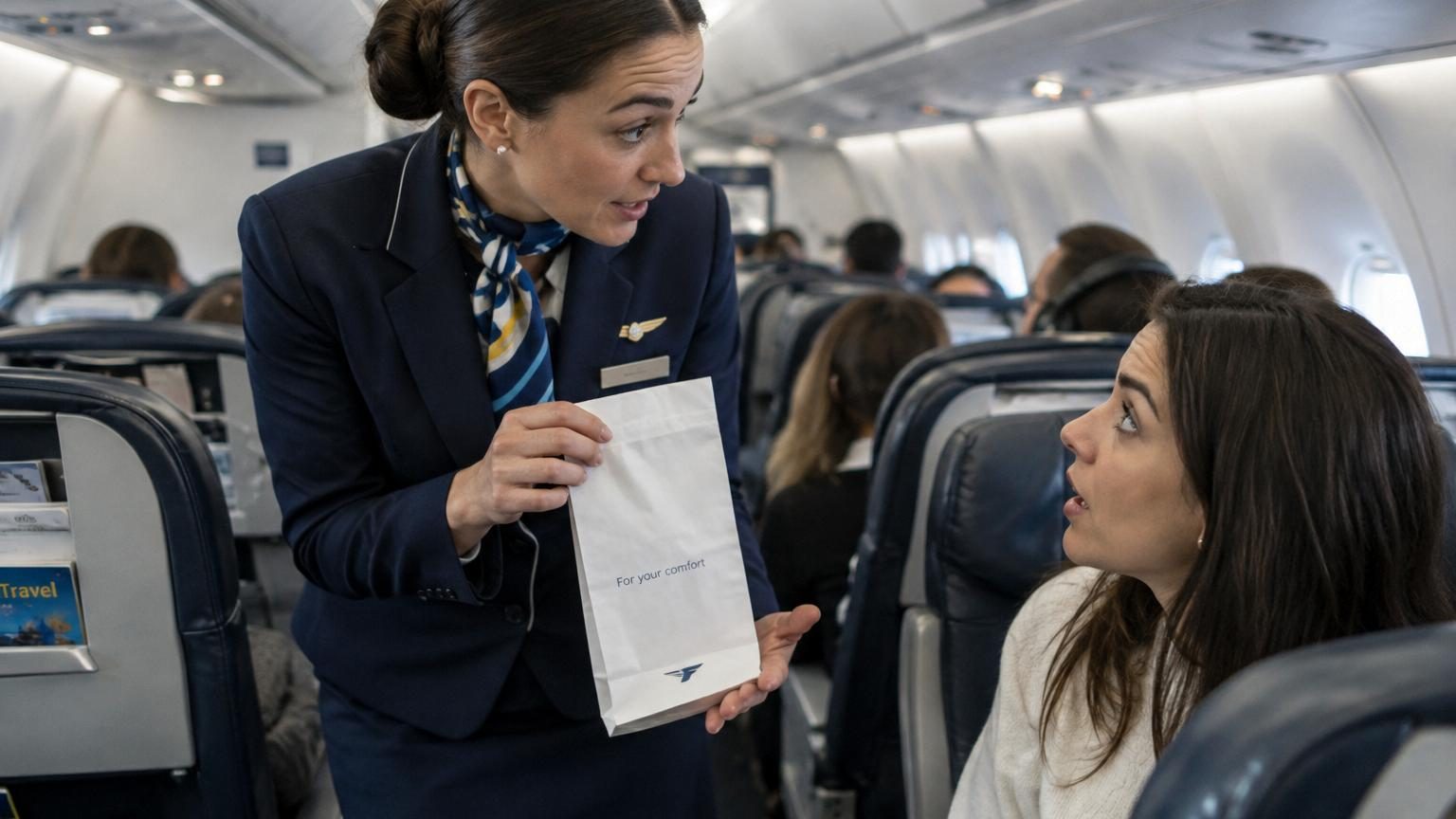 Une hôtesse de l'air tenant un smartphone maintenu vertical par une enveloppe en papier coincée dans une tablette d'avion, avec un écran visible à hauteur confortable.