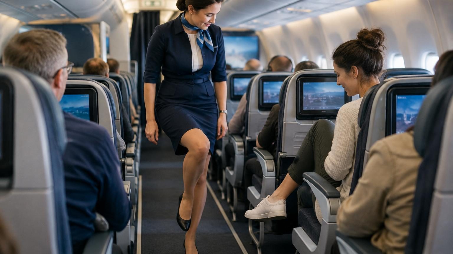 Une femme assise dans un siège d'avion trace les lettres de l'alphabet dans l'air avec la pointe de son pied pour stimuler la circulation sanguine.