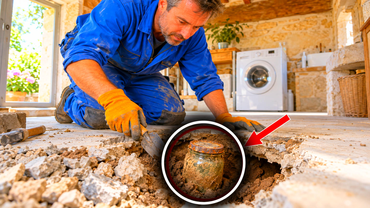 Une dalle de béton en cours de levage dans une buanderie révélant un vieux bocal en verre contenant des billets anciens et des pièces de monnaie.