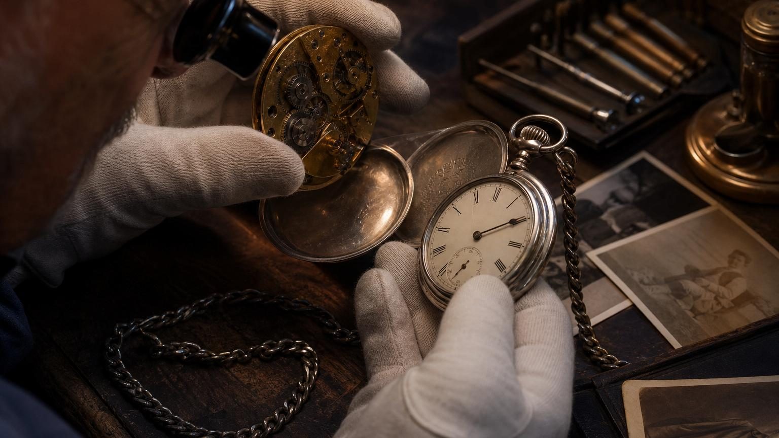 Montre à gousset en métal terni avec chaîne tordue, posée ouvertement pour révéler une gravure mystérieuse sur l'intérieur du boîtier et une heure arrêtée depuis soixante ans.