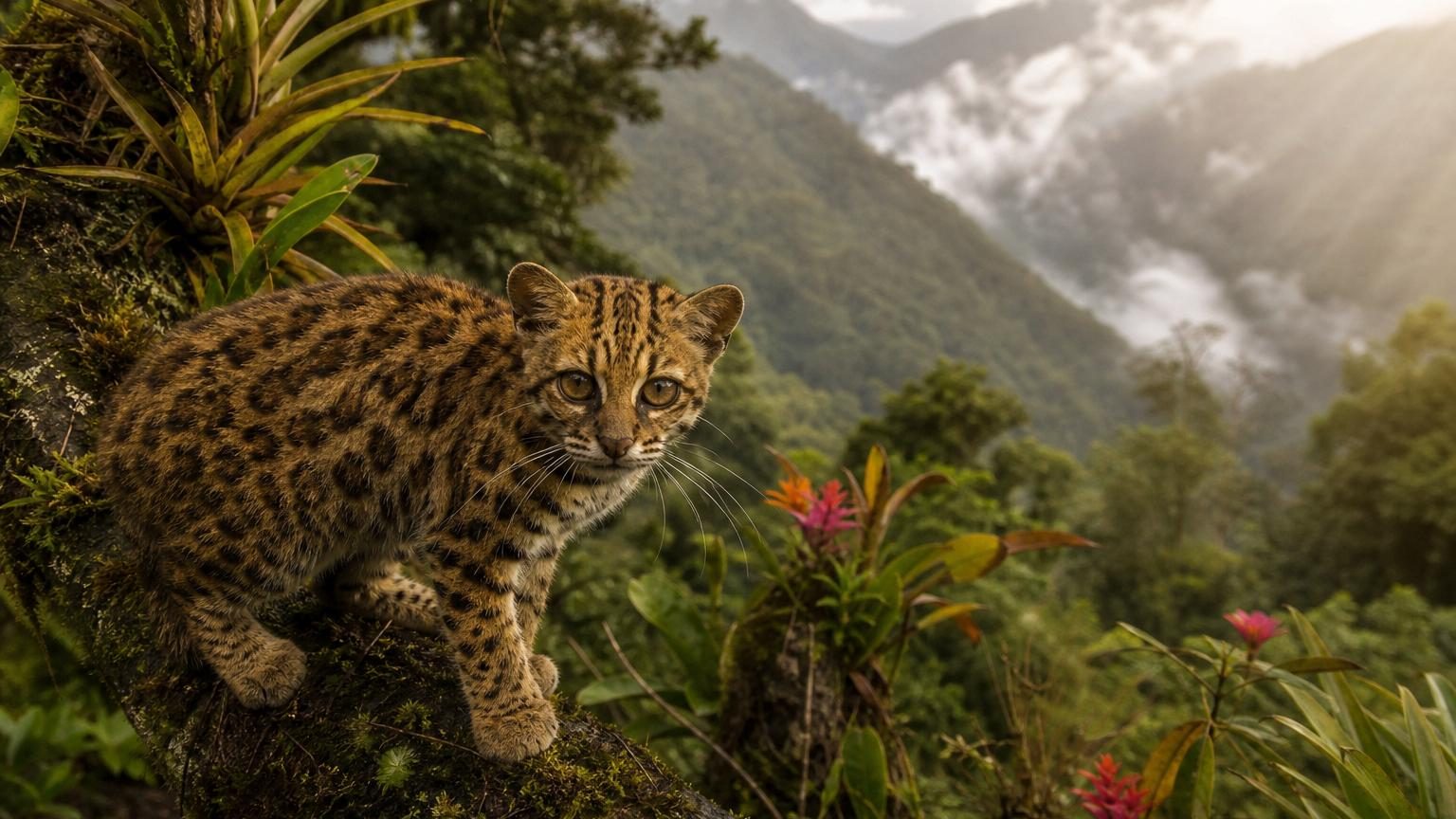 Portrait en gros plan d'un petit félin tacheté aux oreilles arrondies et aux longues moustaches, assis dans la forêt tropical des Andes boliviennes