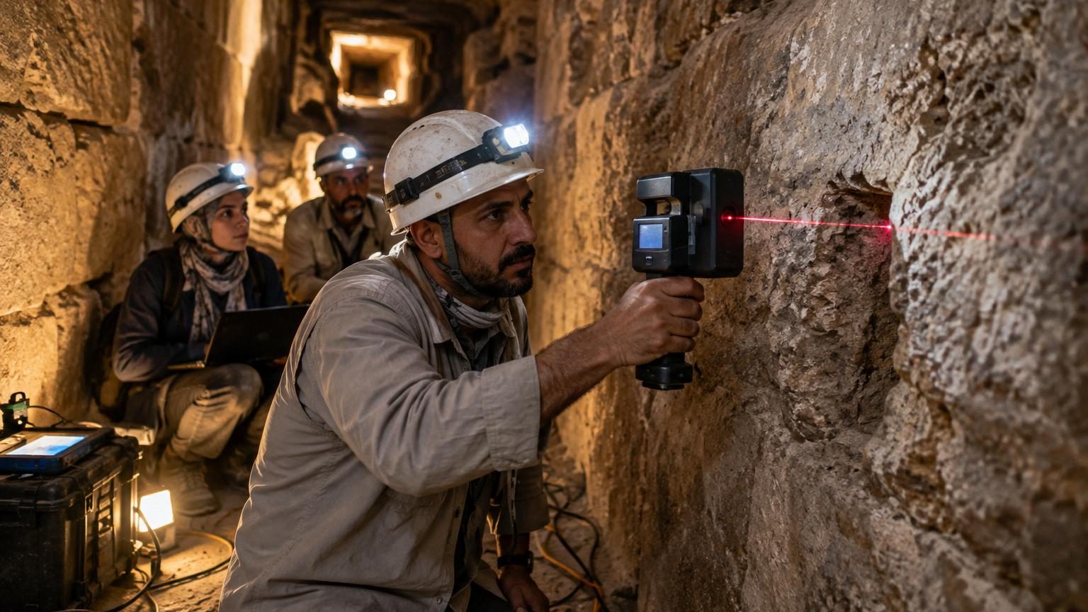 Vue artistique de la pyramide de Khéops avec illustration schématique des rampes hélicoïdales intégrées visibles à travers sa structure interne