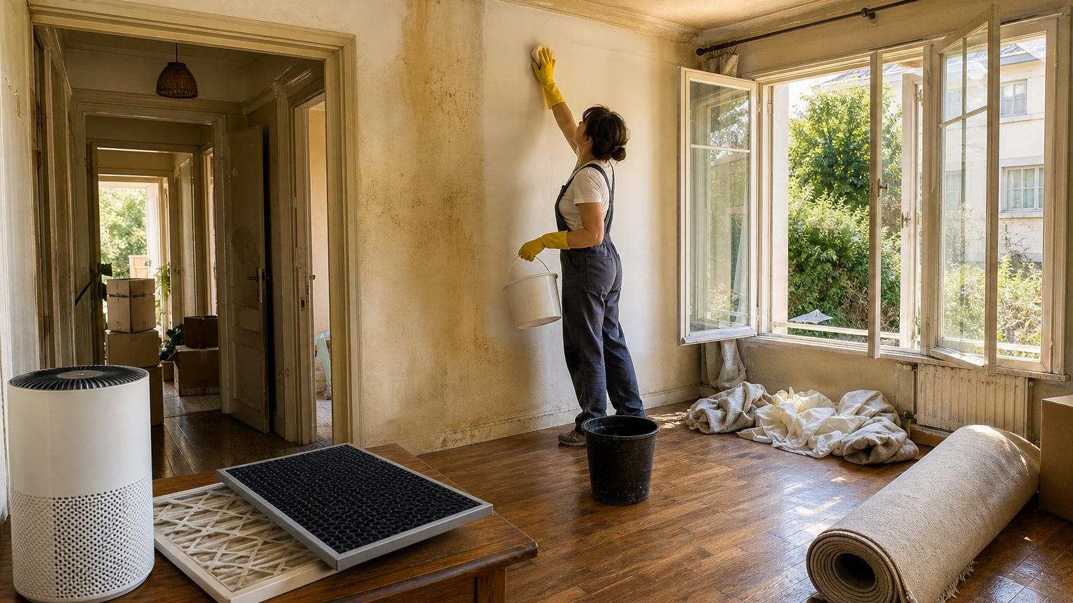Intérieur lumineux d'une maison après nettoyage : murs blancs, fenêtres ouvertes, absence de rideau, sérénité et propreté.