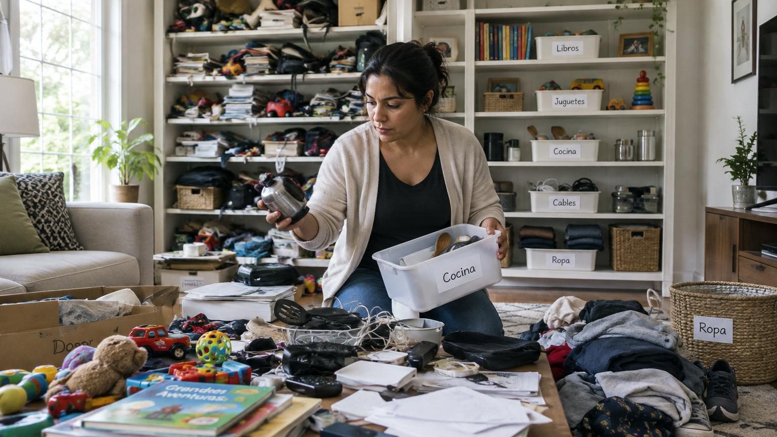 Femme triant des vêtements colorés dans une maison bien organisée, illustrant le processus de désencombrement et de rangement par catégories.