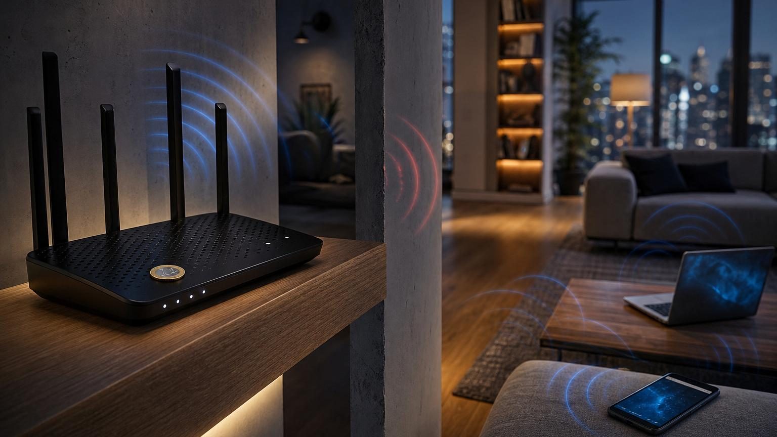 Routeur Wi-Fi posé sur une étagère avec une pièce de monnaie placée dessus, illustrant l'astuce Internet populaire d'amélioration de connexion.