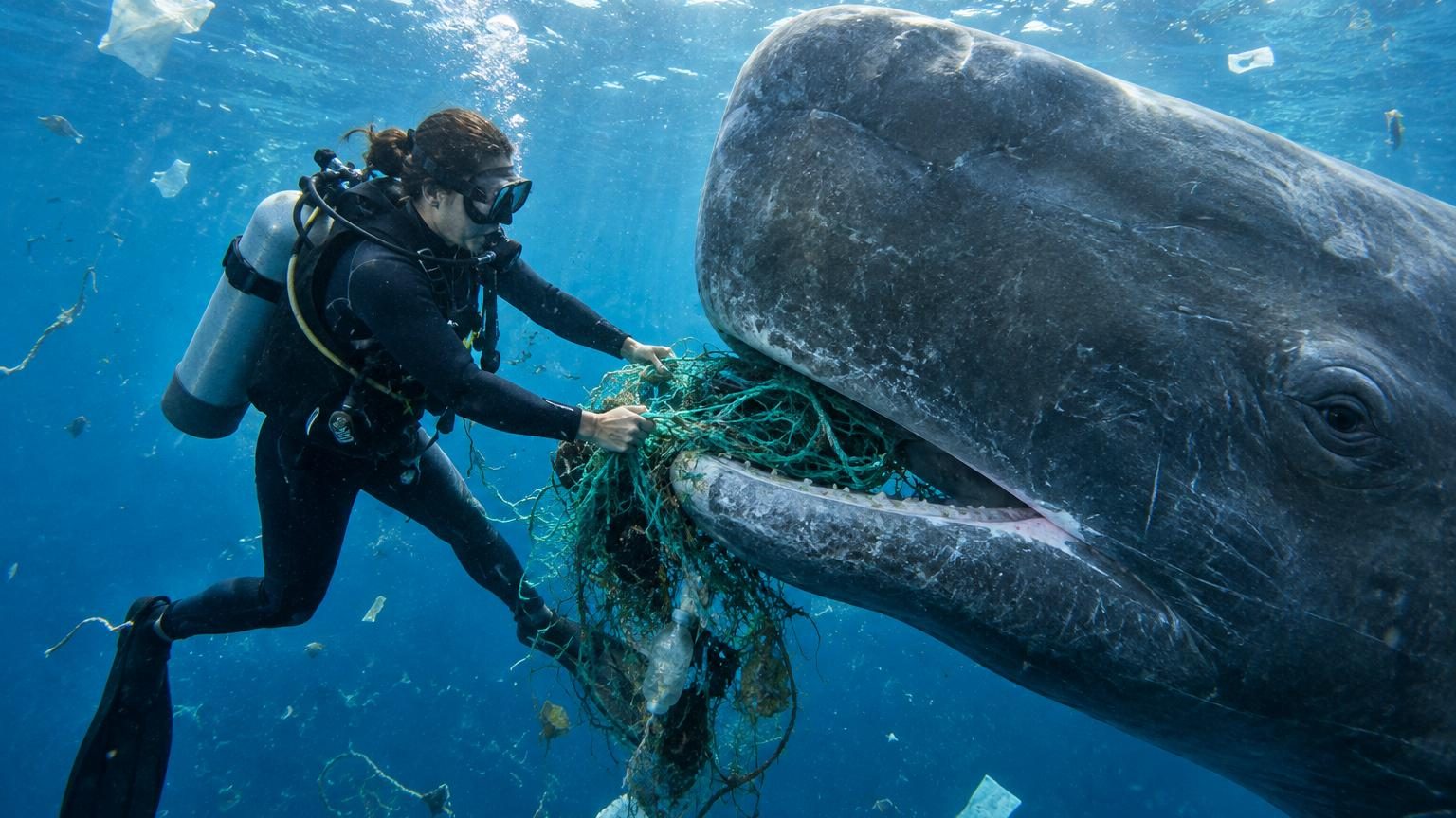 Une plongeuse en palmes et combinaison noire intervient sous l'eau en retirant à mains nues des lambeaux de plastique et de filet blanc d'une bouche massive de cachalot en détresse dans l'océan bleu.