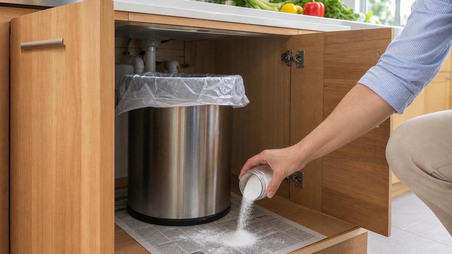 Fond d'une poubelle recouverte de papier journal plié blanc avec une poudre de bicarbonate de soude pour absorber l'humidité et les odeurs