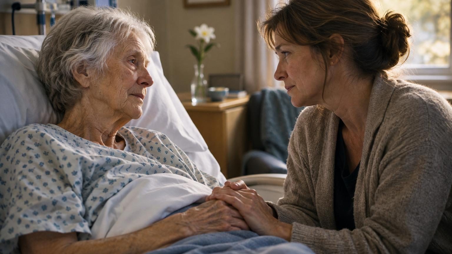 Une psychologue vêtue professionnellement écoute attentivement un patient âgé dans une chambre d'hôpital calme et apaisée.
