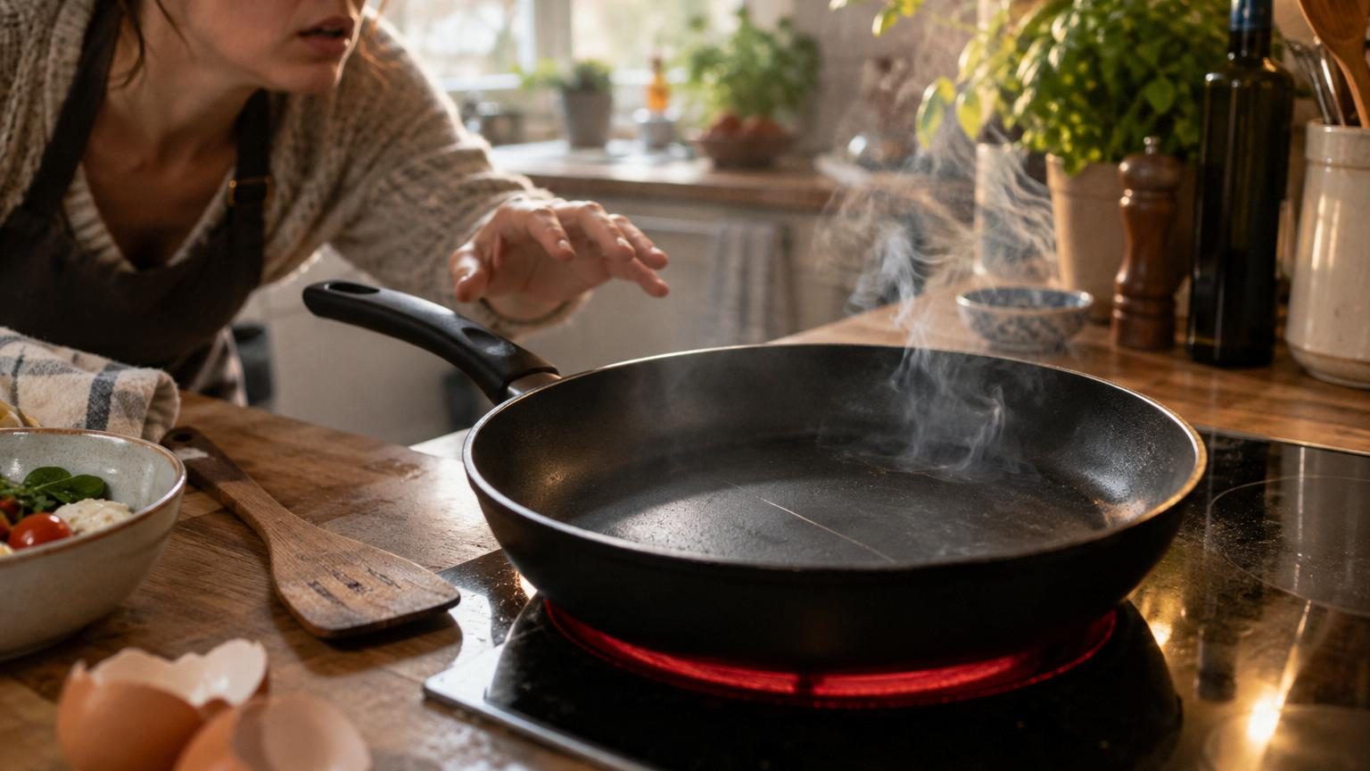 Gros plan d'une poêle antiadhésive montrant le fond avec une légère rayure superficielle à côté d'une zone avec revêtement intact.