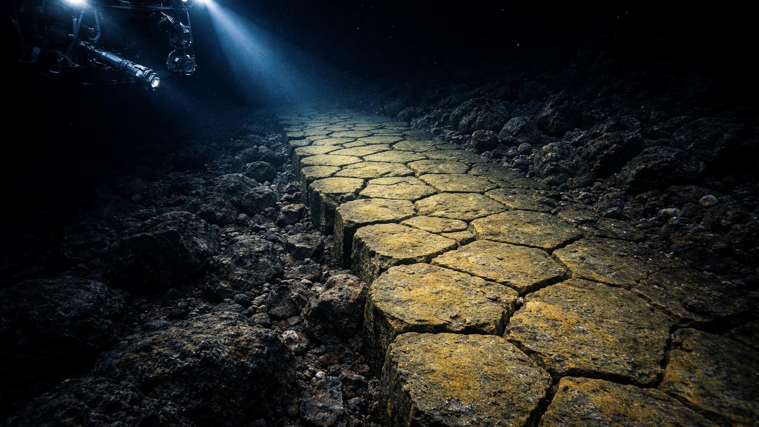 Formation rocheuse jaune-orangée sous l'eau à grande profondeur, composée de blocs rectangulaires régulièrement alignés, ressemblant à une chaussée pavée mais créée par des processus géologiques naturels.