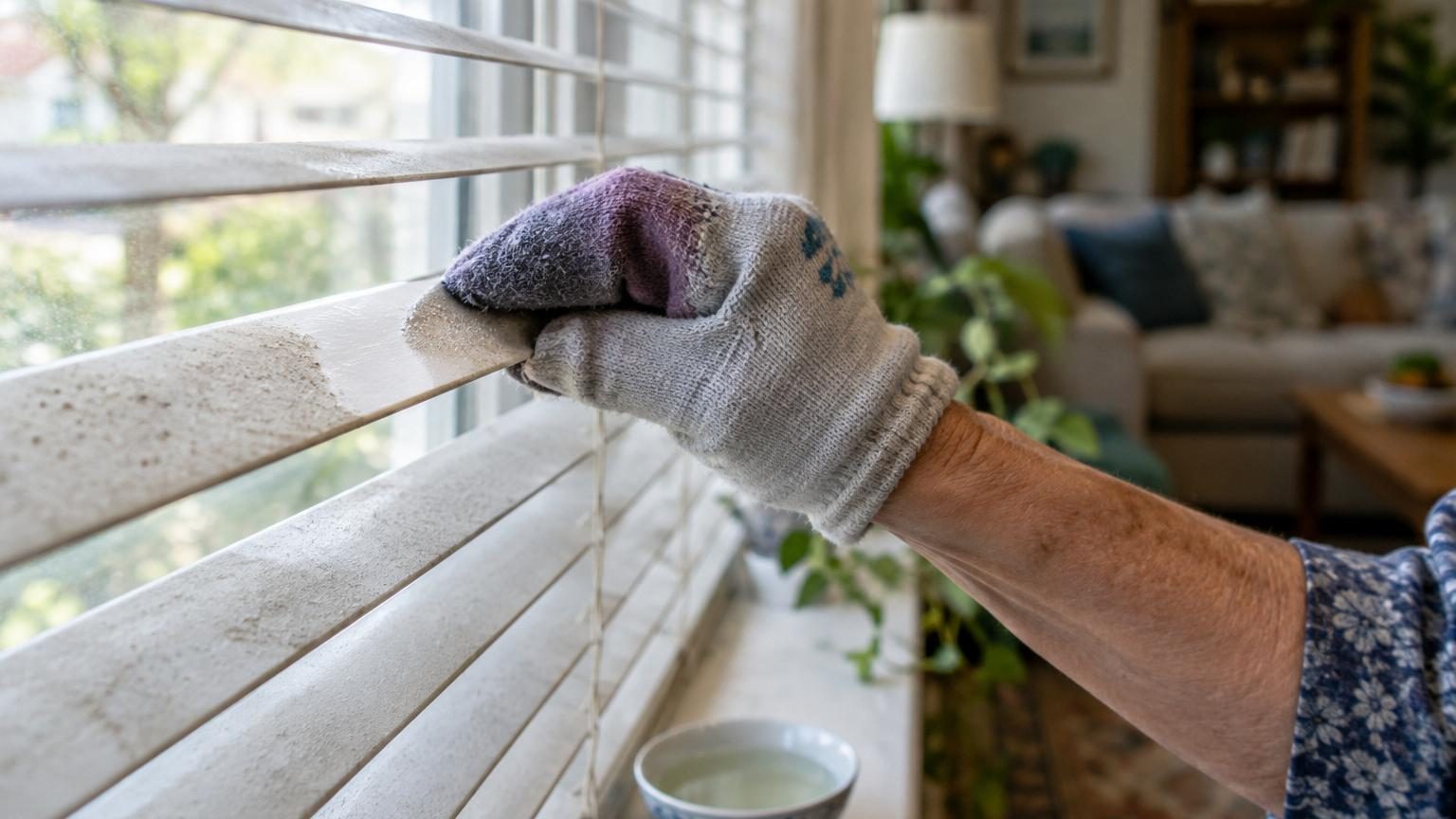 Une main enfilée d'une chaussette en coton passant délicatement sur les lames d'un store vertical blanc, avec un bol de solution nettoyante à proximité.