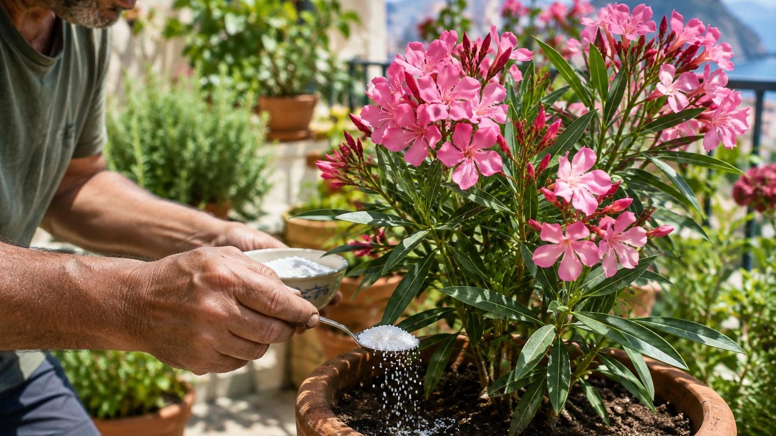 Laurier-rose en pot avec des fleurs roses, feuillage vert densément couvert de boutons floraux en pleine floraison estivale