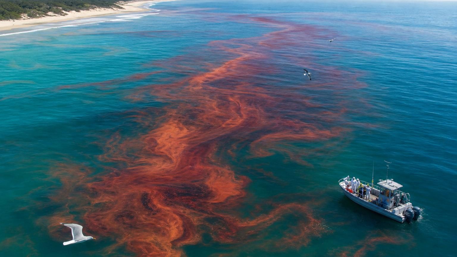 Une large traînée rouge flotte à la surface de l'océan, teintant l'eau de nuances brun-orangé à rouge brique sous un ciel dégagé, vue depuis une plage côtière.