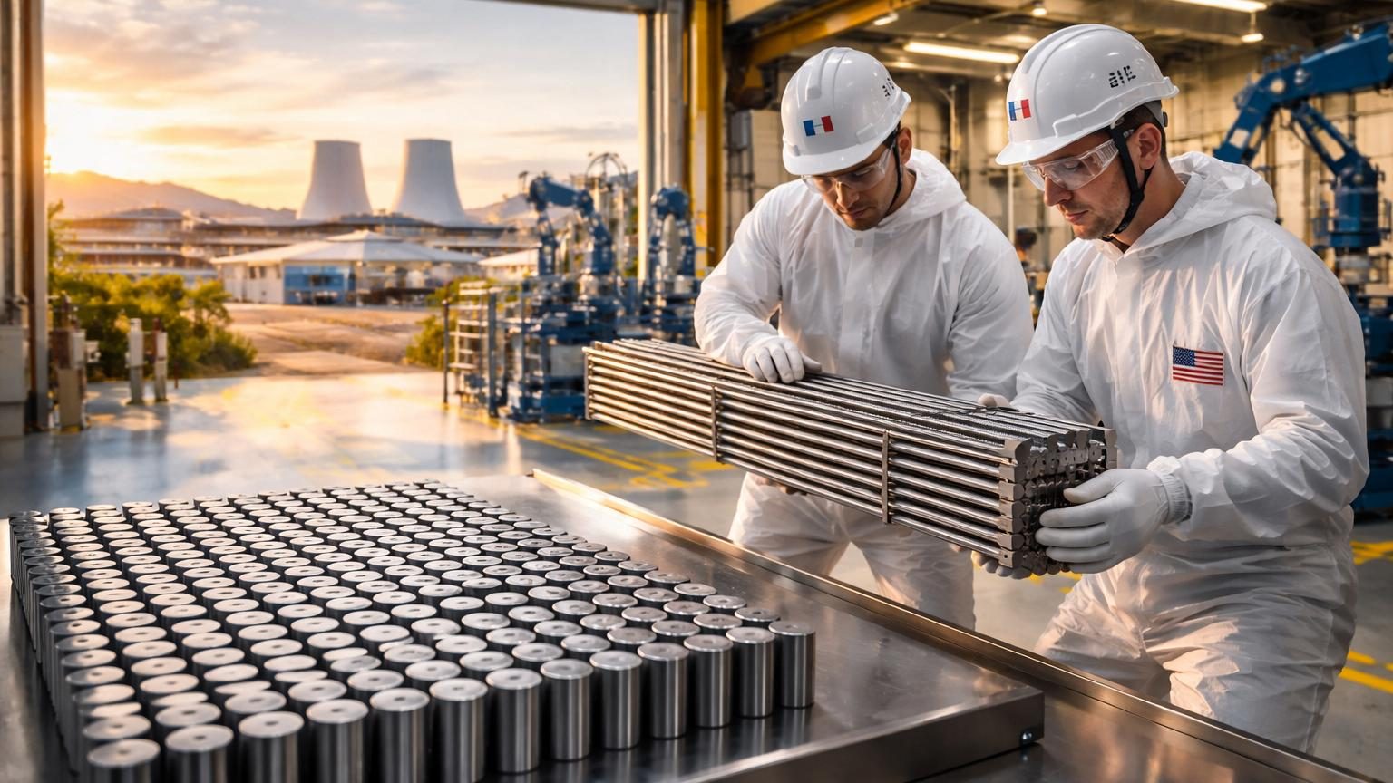 Vue intérieure d'une installation nucléaire industrielle avec équipements de fabrication de combustible, tablettes d'uranium et structures d'assemblage dans un environnement contrôlé aux normes de sûreté.
