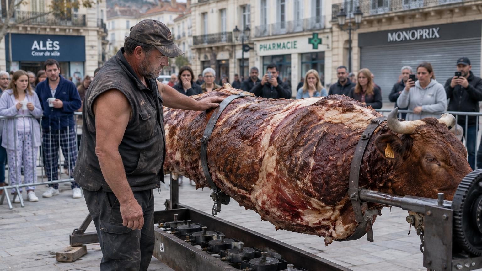 Une vache Salers de 350 kg fixée sur une broche géante au cœur du centre-ville d'Alès, en cours de rôtissage, entourée de barrières métalliques et observée par des riverains curieux.