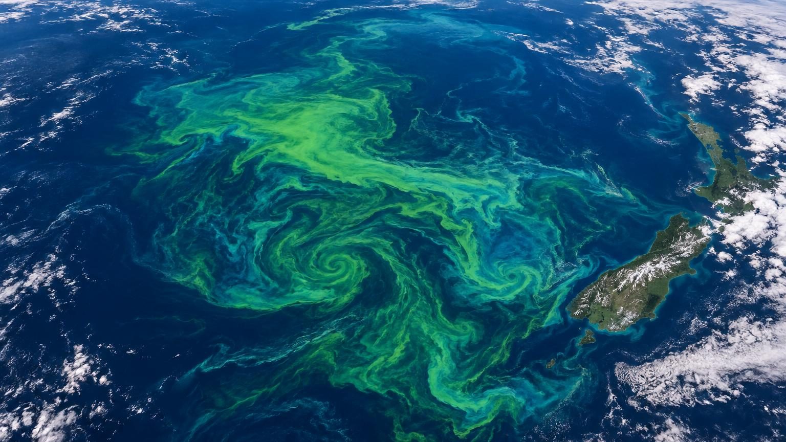 Une vaste tache verte au sud de la Nouvelle-Zélande vue depuis l'espace : la NASA montre une efflorescence de phytoplancton façonnée par le relief sous-marin