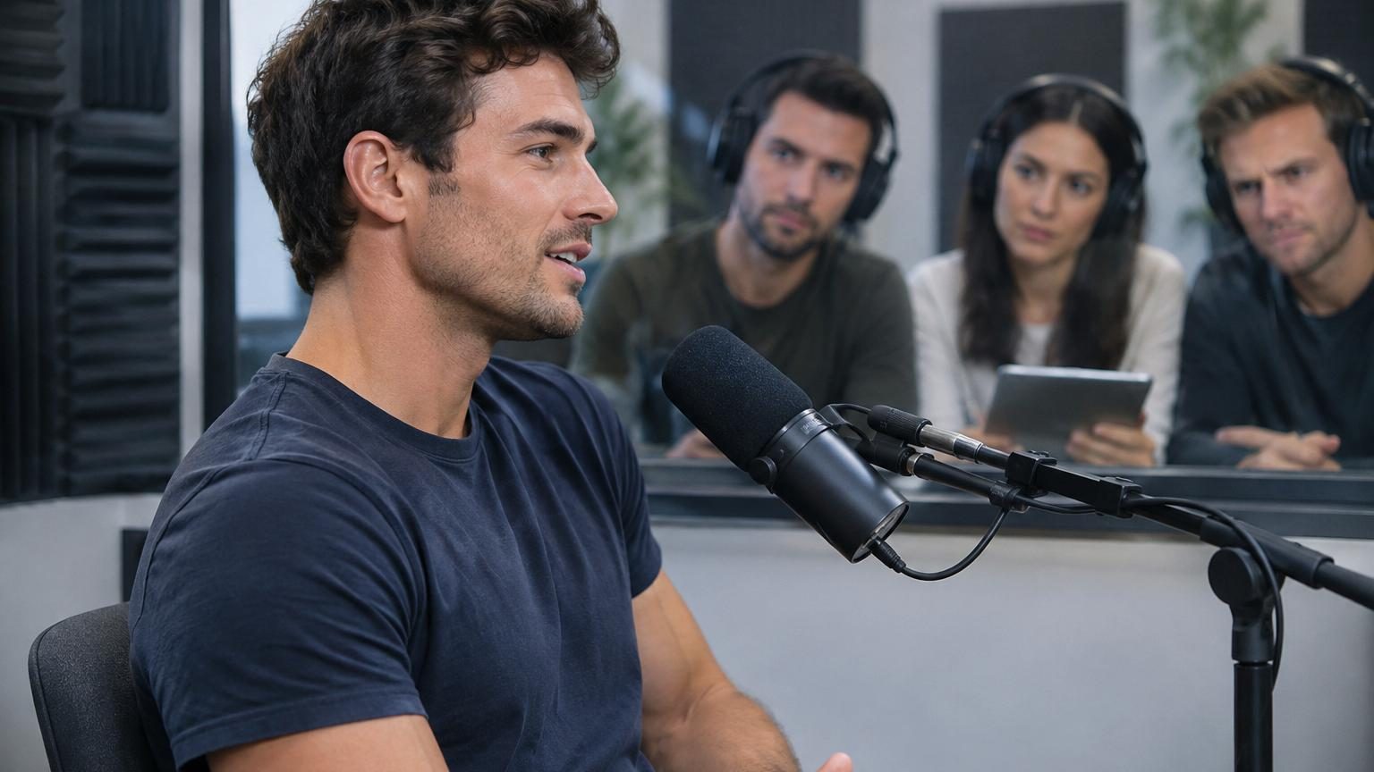 Illustration d'un homme parlant au microphone ou en réunion, avec des ondes sonores ou des symboles visuels autour de sa voix (symboles de force, confiance, leadership).