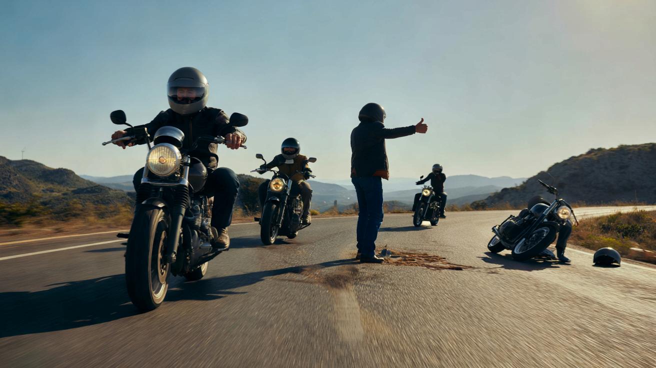 Motards sur une route européenne communiquant par signes gestuels, mains et jambes levées, casque visible.