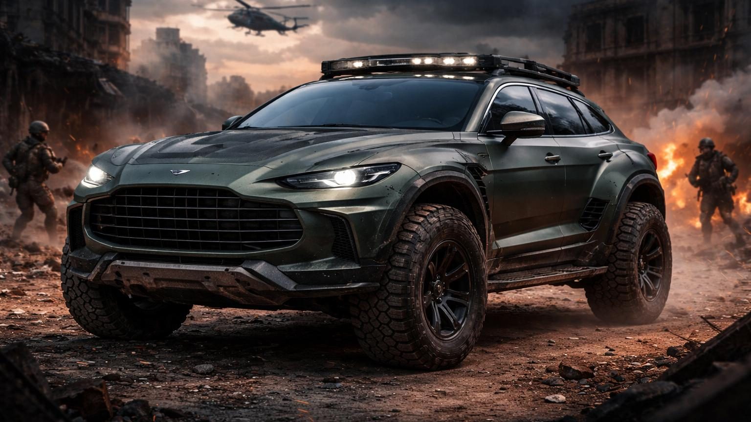 SUV vert mat aux allures de 4x4 militaire avec pneus imposants, plaques de protection et design anguleux, présenté dans l'univers graphique de Call of Duty.