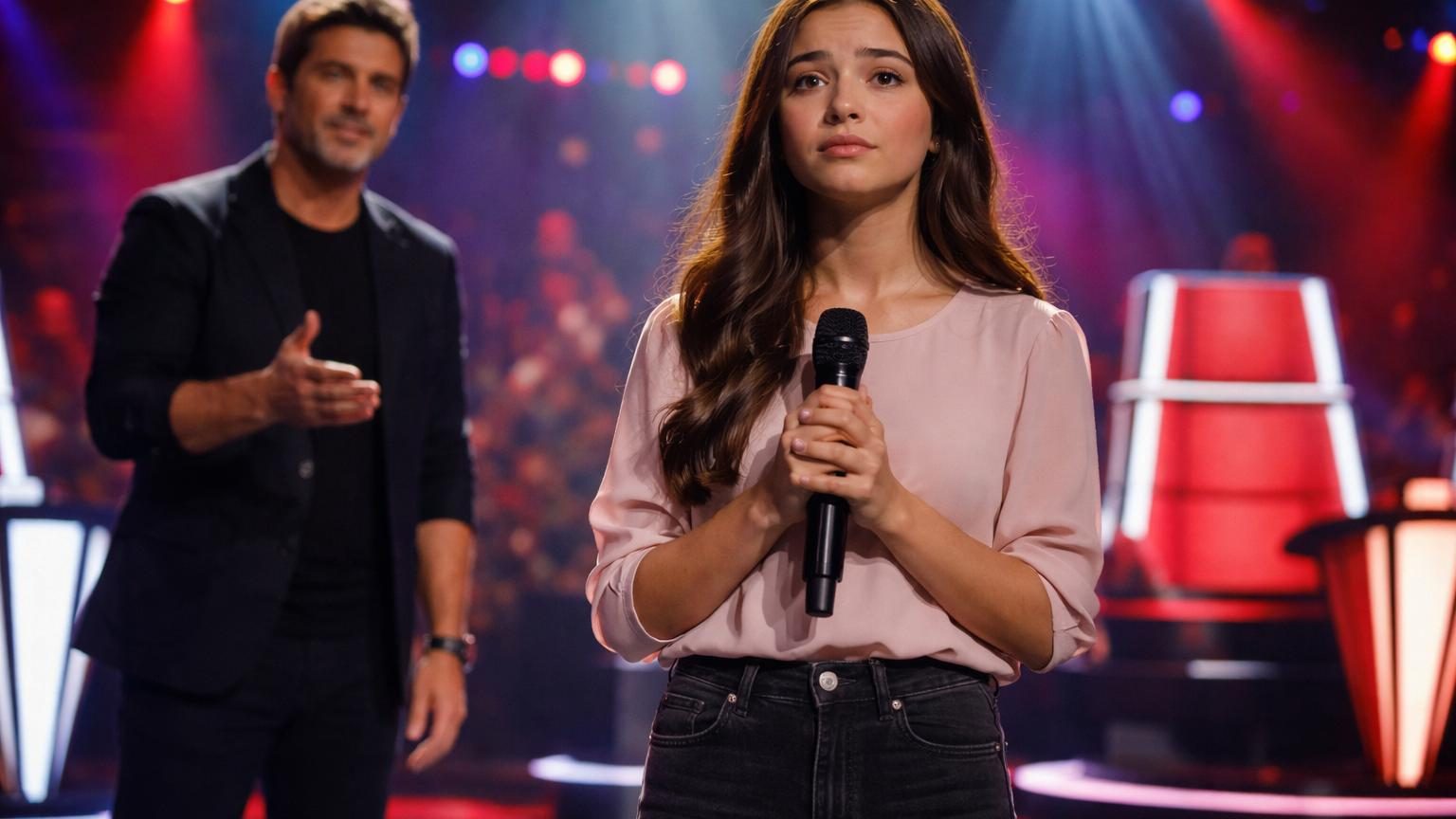 Lila sur la scène de The Voice Kids face à son coach Patrick Fiori, en train de chanter avec une expression concentrée et émue