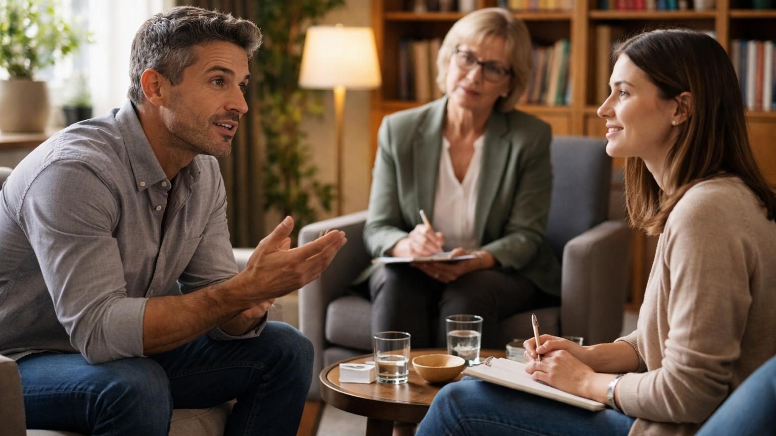 Homme en costume écoutant attentivement une femme dans un bureau de psychologue, illustrant une conversation authentique et respectueuse.