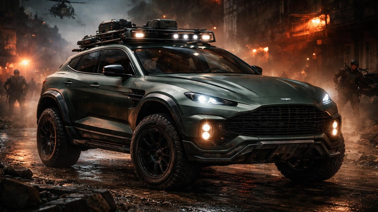Rendu d'un SUV tactique anguleux de couleur vert mat, aux formes militaires et aux proportions massives, inspiré par Aston Martin pour Call of Duty.