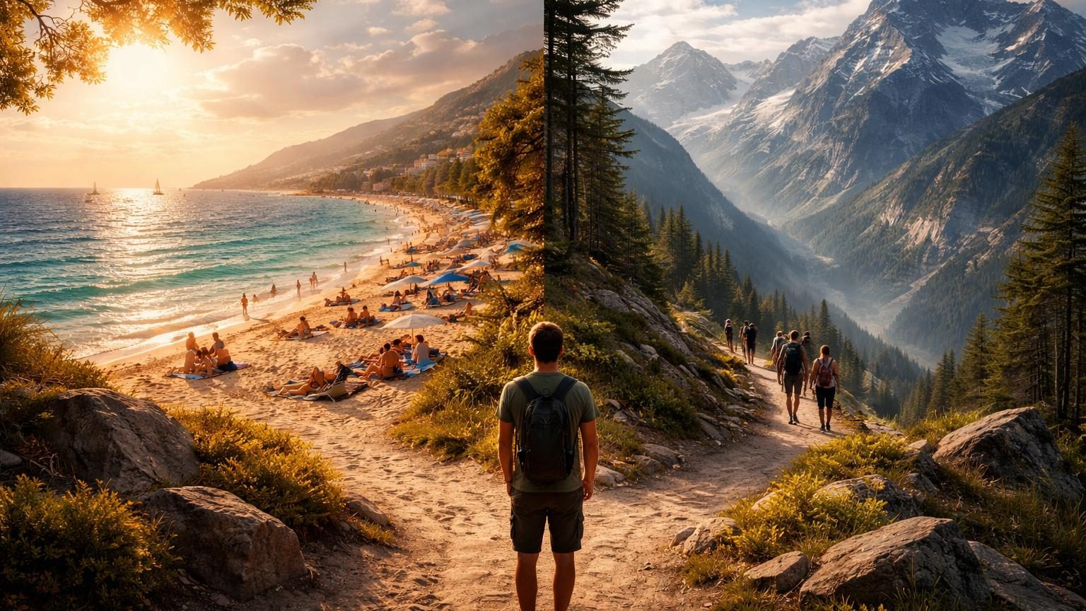 Personne allongée sur un transat face à une mer turquoise calme sous un ciel ensoleillé, avec en arrière-plan une chaîne de montagnes enneigées symbolisant le dilemme de choix de destination.