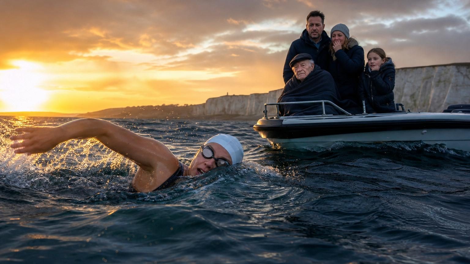 Une jeune femme en maillot de bain sur un quai avant l'aube, ajustant ses lunettes de nage face à une mer sombre, avant de traverser la Manche.