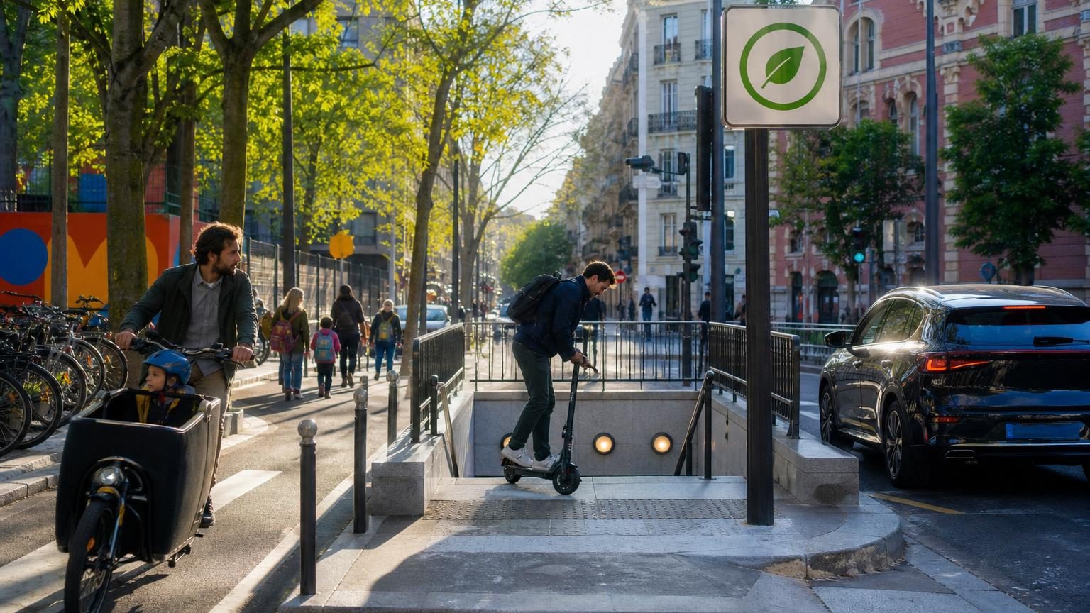 Parent sur un vélo cargo, utilisateur repliant une trottinette, voiture devant un panneau de zone à faibles émissions en milieu urbain matin.