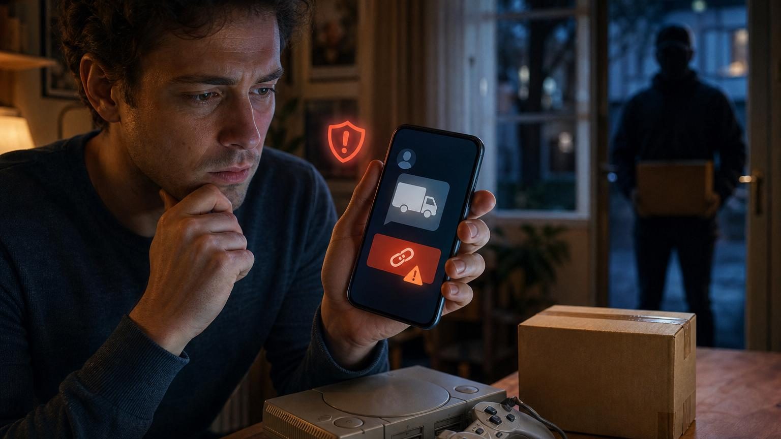 Smartphone affichant une conversation de vente entre particuliers avec un message suspect proposant l'envoi d'un transporteur, sur fond de plateforme Leboncoin ou Vinted