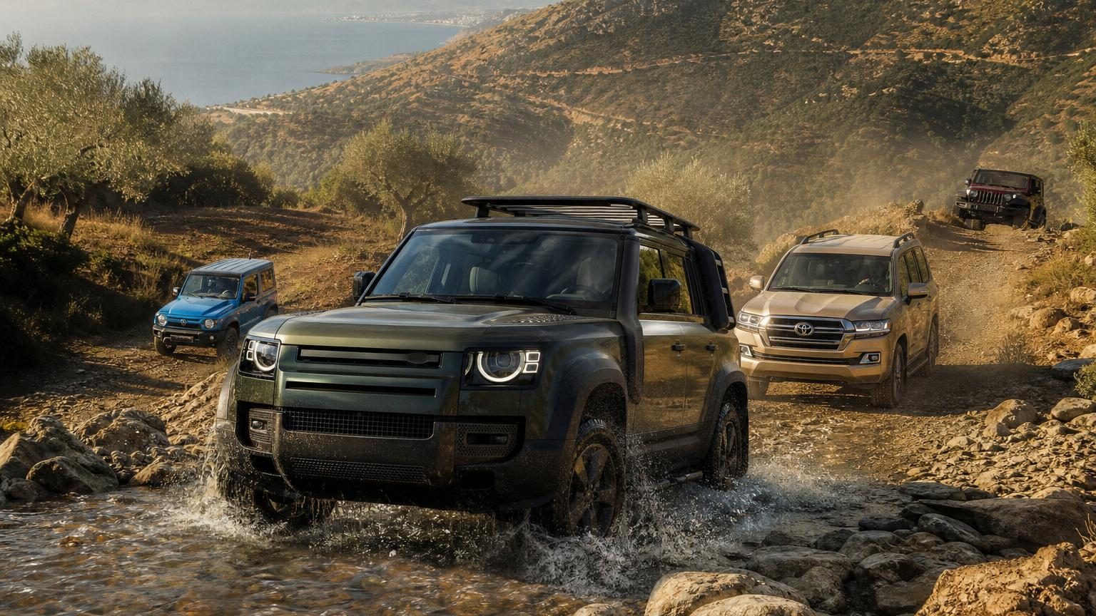 Comparaison visuelle de trois 4×4 tout-terrain : un Land Rover Defender blanc, un Toyota Land Cruiser gris et un Jeep Wrangler bleu stationnés côte à côte sur terrain accidenté en montagne.