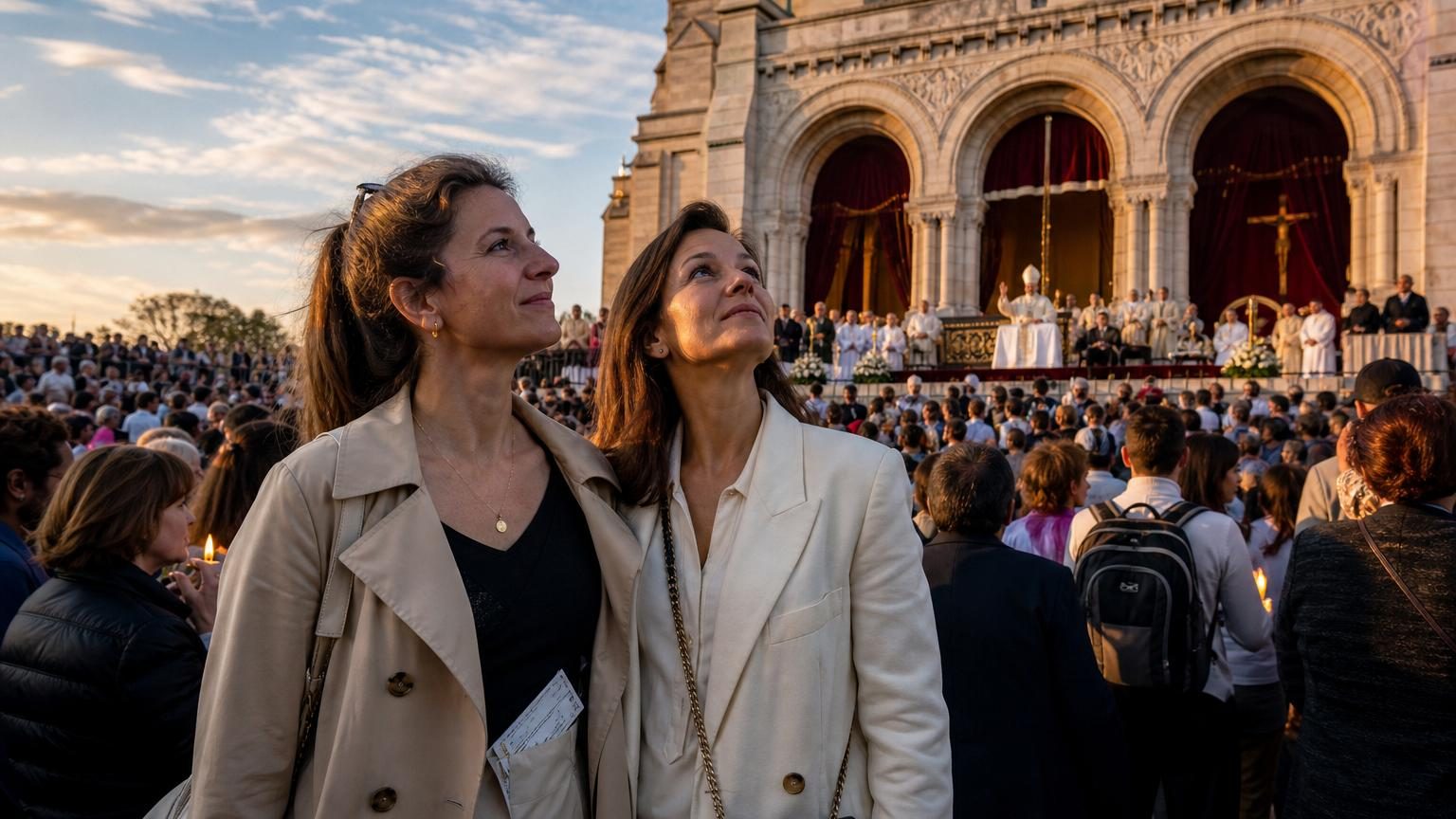 Deux femmes dans la foule d'une grande célébration à Paris, parmi des inconnus venus du monde entier, avec des plans froissés et des badges, partageant un moment de communion collective inattendu.