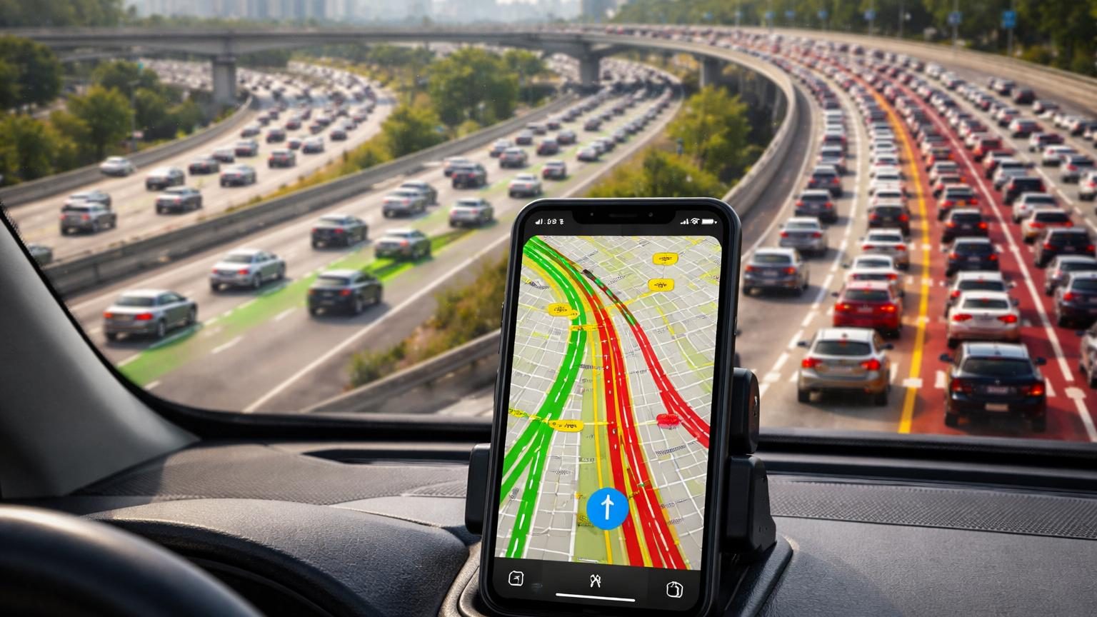 Interface Waze affichant une carte avec des routes colorées : segments en vert pour circulation fluide, jaune pour ralentissement léger, et zones rouges ou rouge foncé pour embouteillages.