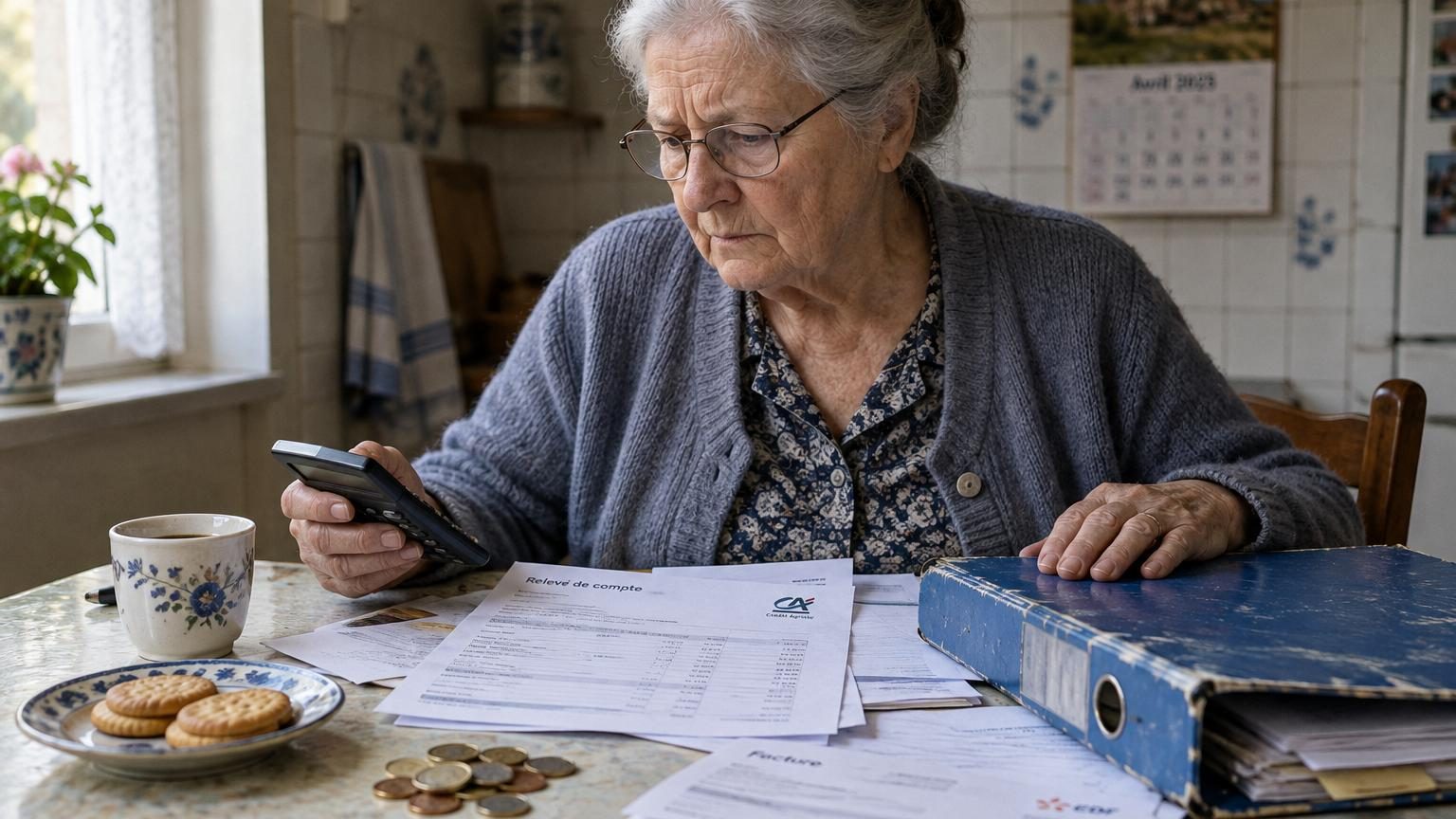 Une femme âgée assise à une table en formica avec des factures et un relevé de pension, comptant chaque centime pour payer son loyer.