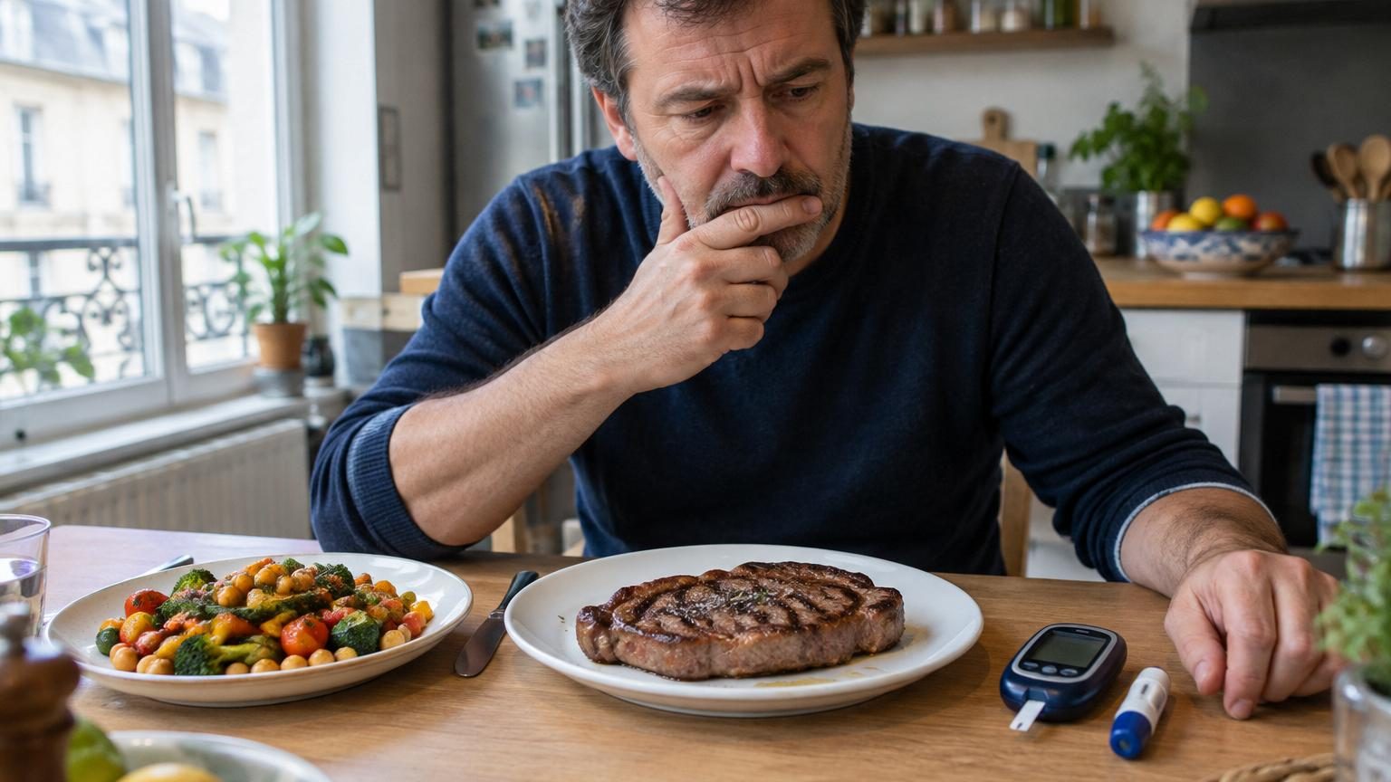 Tableau comparatif montrant une consommation importante de viande rouge d'un côté et une assiette équilibrée avec protéines végétales de l'autre, illustrant l'alternative à la viande rouge.