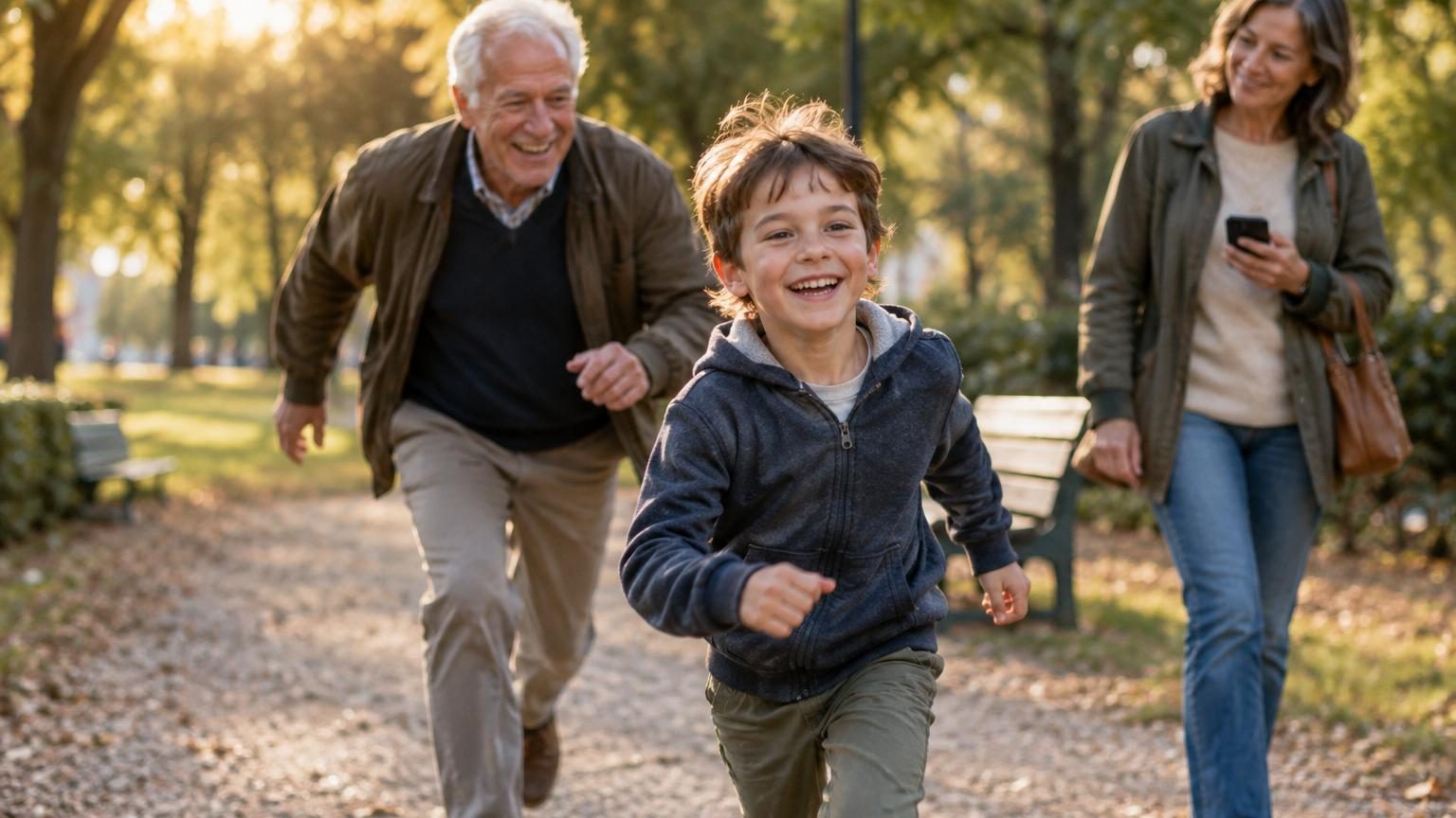 Un enfant et son grand-père courent côte à côte avec une étincelle dans les yeux, illustrant comment la jeunesse intérieure transcende l'âge biologique.