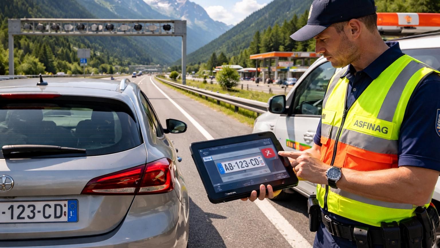 Autoroute autrichienne avec panneau bleu indiquant une zone payante, vignette numérique sur écran de téléphone