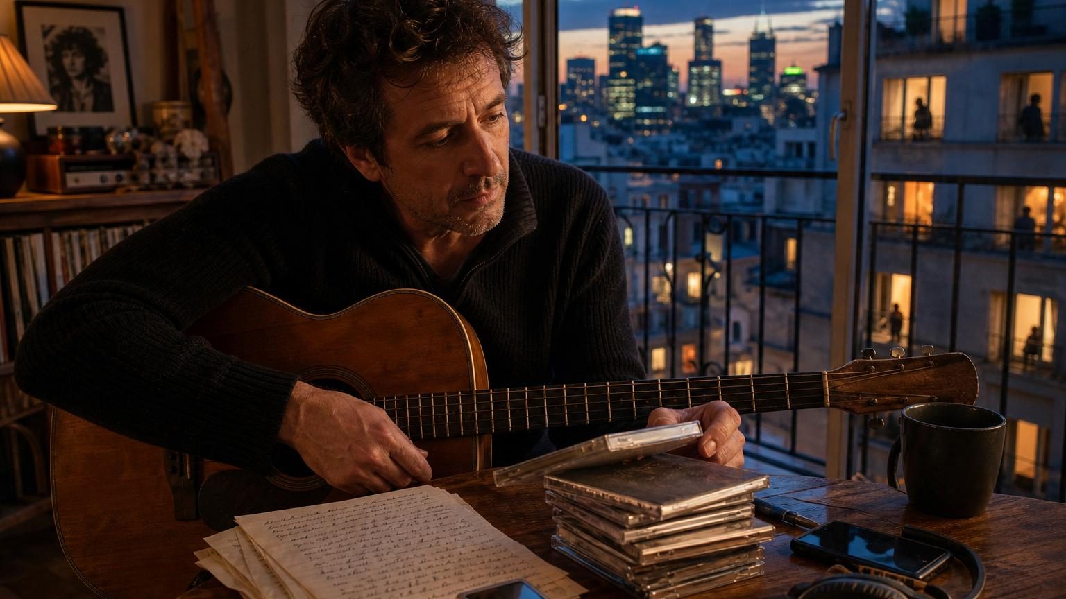 Portrait de Renan Luce, chanteur français, dans une posture réfléchie, évoquant son regard critique sur ses chansons après deux décennies.