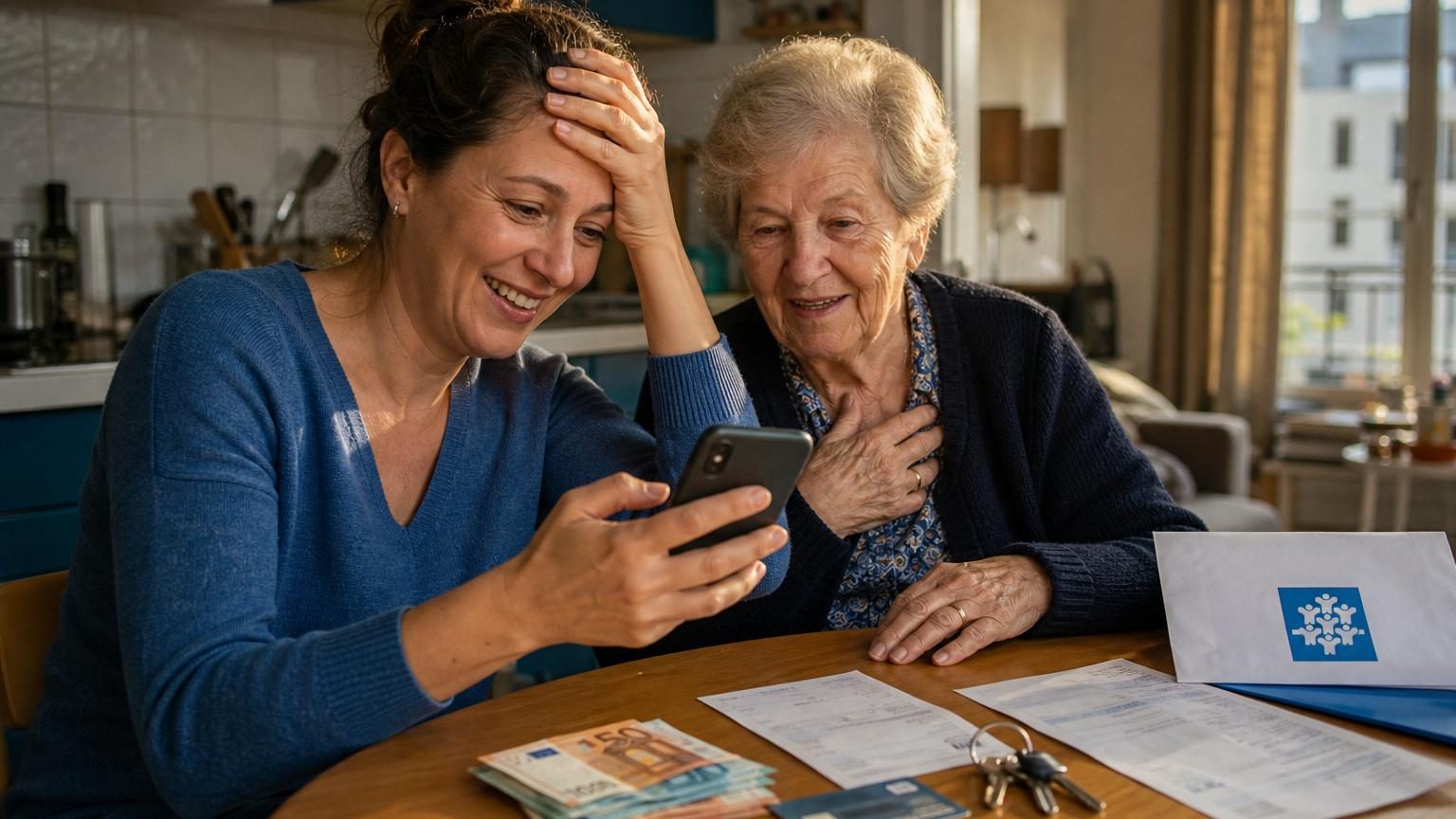 Illustration montrant une personne consultant son application bancaire mobile, découvrant un virement de montant plus élevé que d'habitude en provenance de la CAF.