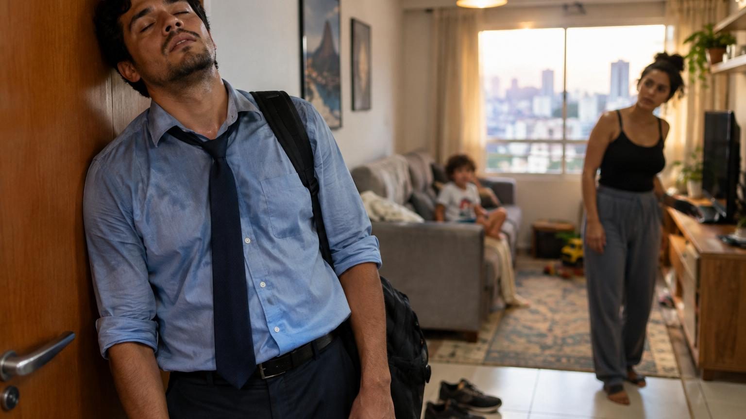 Une personne assise seule à la maison, regardant par une fenêtre ou dans le vide, illustrant le besoin de solitude et d'isolement après une journée épuisante au travail.