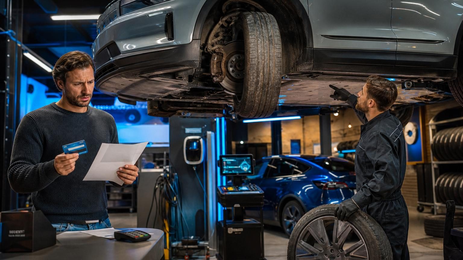 Conducteur à la station-service découvrant une facture d'entretien coûteuse pour sa voiture électrique, symbolisant les dépenses cachées liées aux pneus et aux réparations spécialisées.