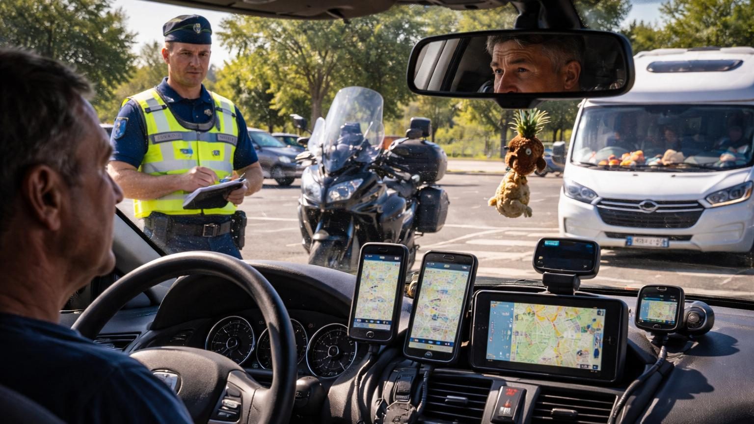 Agent de gendarmerie en tenue contrôlant un camping-car devant lequel se trouvent des véhicules (voiture, moto), illustrant un contrôle routier sur la visibilité.