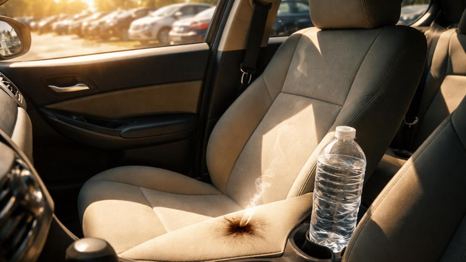 Illustration d'une voiture fermée au soleil avec de la fumée s'échappant par une fenêtre entrouverte, montrant les dangers des objets oubliés dans un habitacle surchauffé.