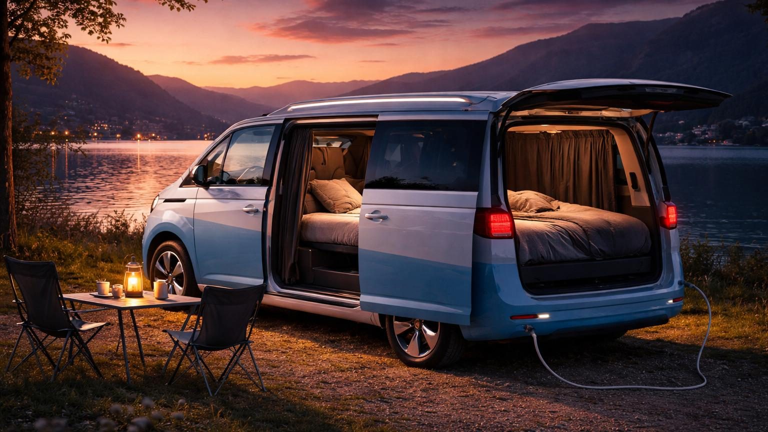 Van électrique Volkswagen ID. California Cruise blanc, vue trois quarts, montrant le design minimaliste et les vitrages teintés pour occultation de nuit.