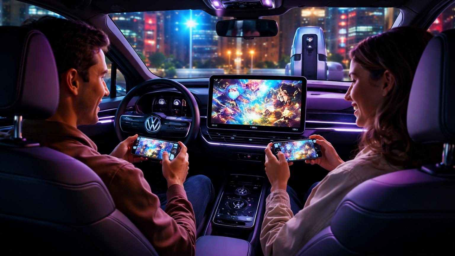 Écran d'infodivertissement central d'une voiture affichant des jeux vidéo rétro comme Tetris et PAC-MAN, avec un smartphone à proximité servant de manette de jeu.